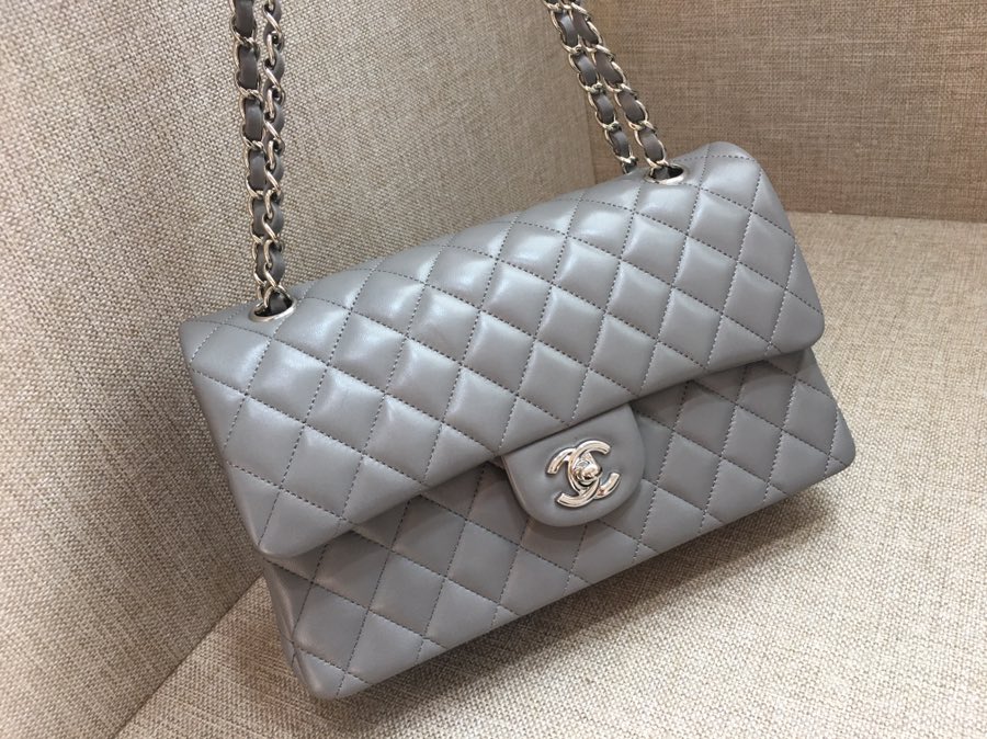 Medium Classic Flap Lambskin Bag AO1112 Gray/Silver